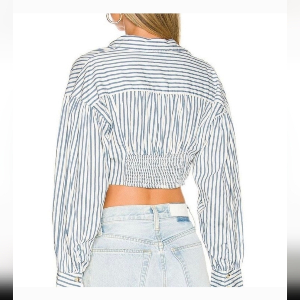 Free People X Revolve Blue and White Notched Collar Crop Shirt Sz S Cotton - Picture 4 of 14